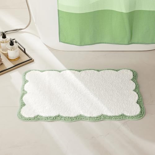Luxury Microfiber Bathroom Rugs, White Bath Rug with Sage Green Scalloped Piping Cute Aesthetic Spring Bath Mat for Bathroom, Tub, Floor Carpet, Sink, Shower, Anti Slip, Absorbent, 32x20 by Ohocut - Used condition - Image 3