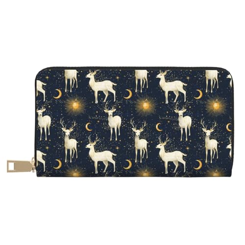 Leather Thin Slim Wallets for Women Men - Fashion Starry Sky White Elk Print Card Wallet Holder with Zipper