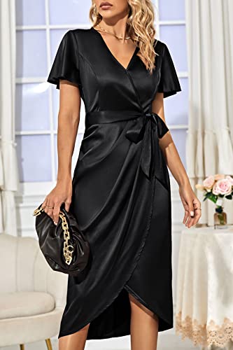 Womens 2023 Summer Satin Bodycon Dress Short Sleeve V Neck Ruched Tie Waist Wrap Split Cocktail Party Midi Dresses Black, M #TOP1