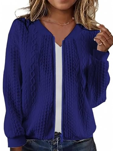 Image of WROLEM Women's Zip Up Cardigan Sweater Cable Hoodies Long Sleeve Jacket Outfits Crewneck Casual Coat