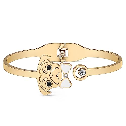 Image of WEVENI Cute Pug Gifts For Pug Lovers Stainless Steel Shell Pug Bracelet Cuff Bangle 18k Gold Plated Pet Dog Bangles Jewelry Charms Pugs Mom Gifts