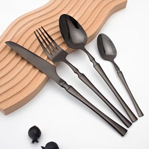 Image of 24 Pcs Black Slim Handle Stainless Steel Cutlery Set for Dining Table with Spoons and Forks Set + Butterknives - The Perfect Tableware /Flatware