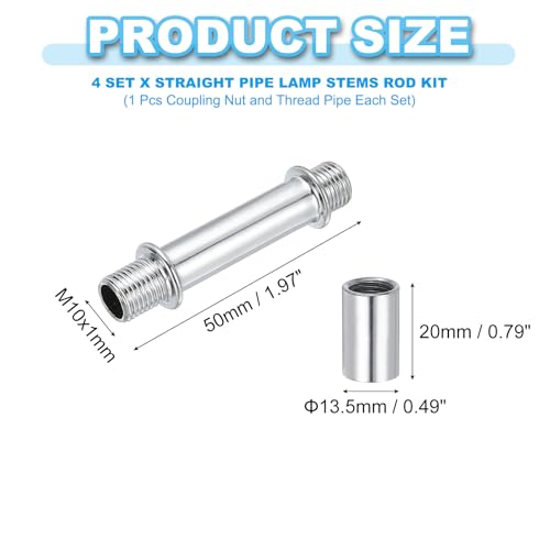 Image of PATIKIL Straight Pipe Lamp Stems Rod Kit, 4Set M10 Carbon Steel 50mm(1.97 inch) Long Double End Thread Rod with Coupling Nuts Sleeve Connector for Table Lamps Chandeliers, Silver Tone