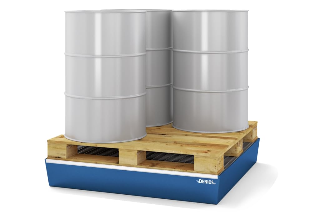 Auffangwanne aus Stahl für 4 Fässer à 200 Liter, 1236 x 1210 x 190 mm, flache Bauweise, Gitterrost