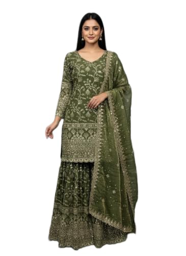 ZOURA Womens Crush Silk Fully Stitched Sharara Palazzo Suit Set With Crush Silk Dupatta Embroidery 5mm Sequence Work Kurti Traditional Ethnic Wear_Mehendi_L