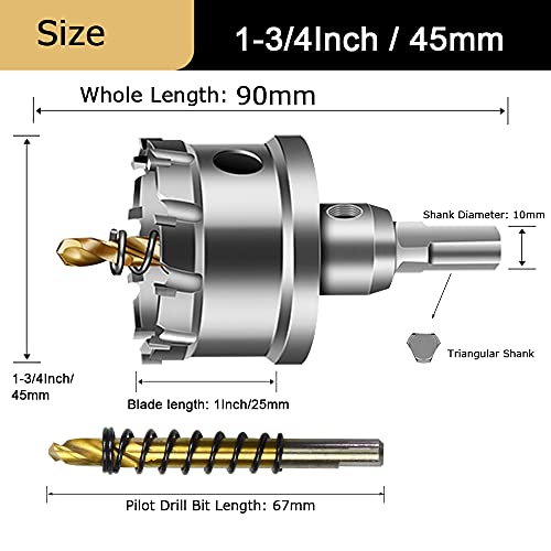 Asnomy Tungsten Carbide Tipped Hole Saw Drill Bit For Hard Metal, 1-3/4 Inch T.c.t Hole Saw Cutter With 2Pcs Titanium-Plated Pilot Drill Bit For Metal, Steel, Iron, Wood, Plastic #TOP3
