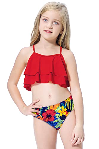 Shekini Girls Floral Printing Bathing Suits Ruffle Flounce Two Piece Swimsuits (Rose Red - B, 10-12 Years) #TOP2