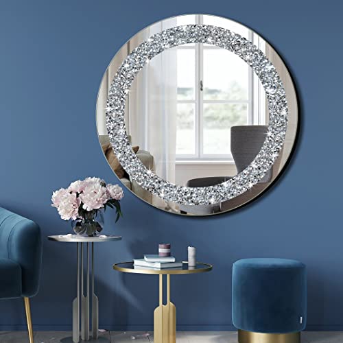 Crystal Crush Diamond Sparkly Round Silver Mirror For Wall Decoration 20X20X1 Inch Wall Hang Frameless Bling Stylish Gorgeous Glam Mirror Vanity Home Decor. #TOP1