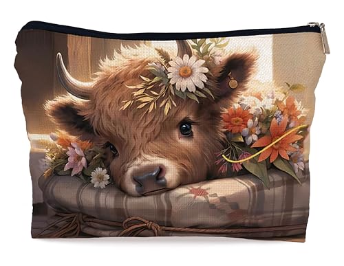 Ayxvt Highland Cow Floral Cosmetic Bags - Spring Highland Cow Gifts, Sunflower Daisy Floral Makeup Bag