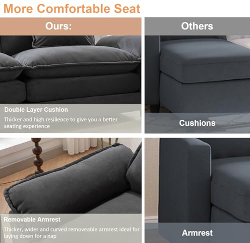 IPKIG 117\" Sectional Sofa, Velvet L-Shaped Couch Comfy Upholstered 3-Seat Sofa with Ottoman, 3 Lumbar Pillow, Deep Seat Modular Oversized Couch for Living Room, Apartment, Studio (Grey, 4-Seat)