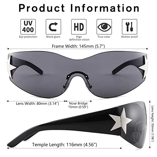 COASION Rimless Y2K Wrap Around Star Sunglasses Women Men 2000s Visor Shield Shades Oversized Fashion Frameless Sun Glasses2