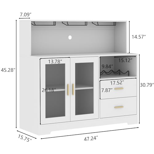 Image of Bar Cabinet for Home with LED Light,Coffee Bar Cabinet w / Wine & Glass Rack | Wine Cabinets with Storage Cabinet &Drawers, Modern Liquor Cabinets for Kitchen, Living Room, Dining Room (White)
