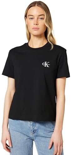Calvin Klein Damen T-Shirt Kurzarm Monogram mit Stretch, Schwarz (Black), S