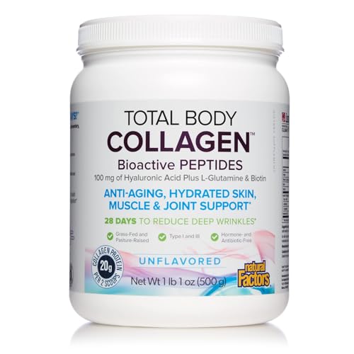 Natural Factors – Total Body Collagen Bioactive Peptides Unflavoured, 500g Powder – Complete Amino Acid Supplement with Hyaluronic Acid, Glutamine and Biotin – Hydrated Skin, Muscle & Joint Recovery