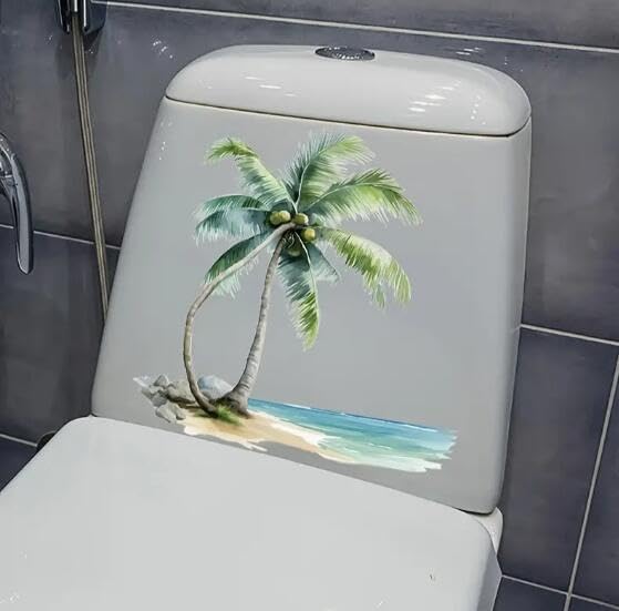 Christmas Tropical Beach Palm Tree Toilet Cover Sticker Decals Waterproof Toilet Lid Tank Seat Decals Cistern Self-Adhesive Bathroom Wall Sticker