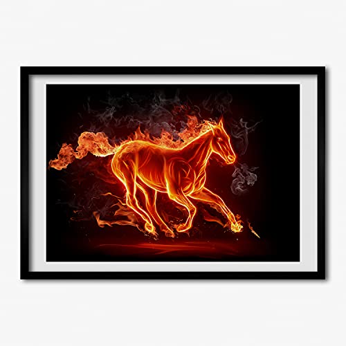 Affiche cheval en flammes avec cadre photo MDF 70x50 cm pour peinture décoration murale moderne