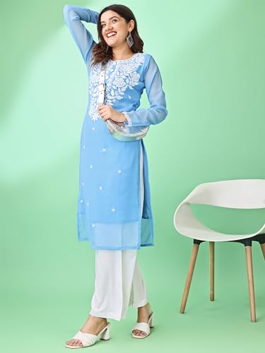 Image of HESVI Women's Georgette White Lakhnavi Chikankari Kurti with Intricate Embroidery Work