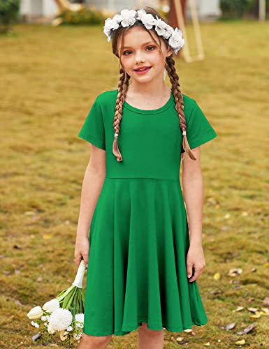 Arshiner Little Girls Short Sleeve A Line Casual Skater Dress Green 120(Age For 6-7Y) #TOP1