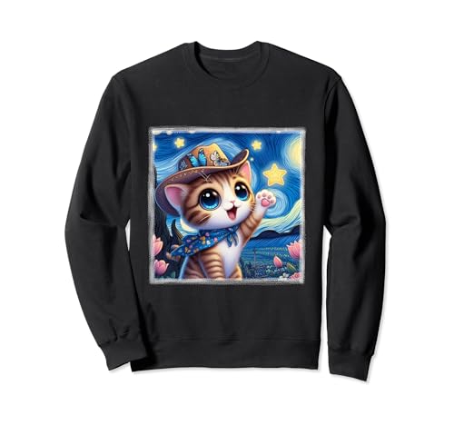 Sternennacht Kawaii Katze Van Gogh Garten Rosen Tulpen Lilien Sweatshirt