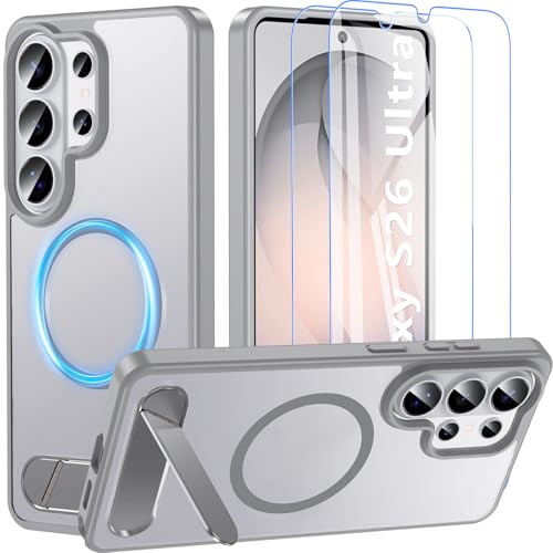 RC1WD 3 en 1 Coque Magnétique pour Samsung Galaxy S26 Ultra avec Support réglable,Compatible avec MagSafe[2 Verre Trempé] Étui Mat Translucide Arrière...