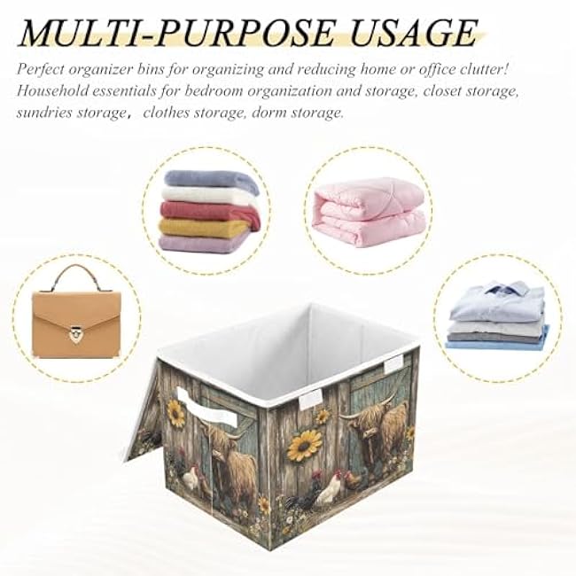 Cattle Rooster Sunflowers Teal Large Storage Bins with Lid Collapsible Decor Storage Box for Clothes Toys Books