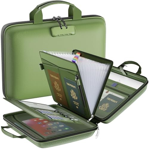 Fireproof File Organizer with Lock, Hard-Shell Case Fireproof Document Box with 13 Pockets Accordion File Folder, Important Document Organizer for Letter A4 Files Laptop Passports (Green)