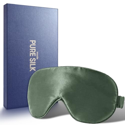 Silk Eye Mask,100% Mulberry High-end Pure Silk Sleep Masks with Gift Box, H HOME-MART Luxuriously Padded Silk Eye Sleeping Mask Comfortable Soft Silk Sleep Mask for Men Women Traveling (Olive Green)
