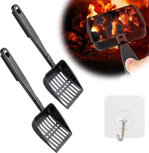 2 palas para chimenea de 13 pulgadas ahuecadas para chimenea, tamiz de cenizas de metal, pala de carbón, pala de carbón, pala de carbón, pala negra para chimenea, tamiz de cenizas con 2 ganchos