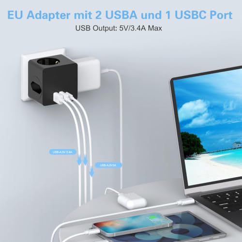 Steckdosenwürfel ohne Kabel, Steckdosenadapter mit USBC für DE/NL/ES/SE/FR, 4000W Cube Mehrfachsteckdose mit 3 USB… – Ansicht 3