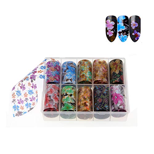 10 Rolls Big Flower Holographic Nail Art Foil Transfer Stickers Starry Sky Sticker Nail Decals Diy Nail Salon Art Manicure Accessories (Style 03) #TOP13