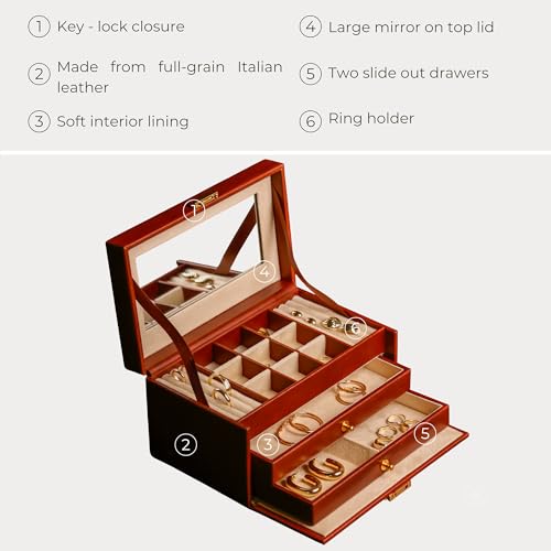 Image of Time Resistance Jewelry Box - Full Grain Leather Jewellery Organizer - Accessories Storage - Key Lock Box for Women (Cognac Brown)