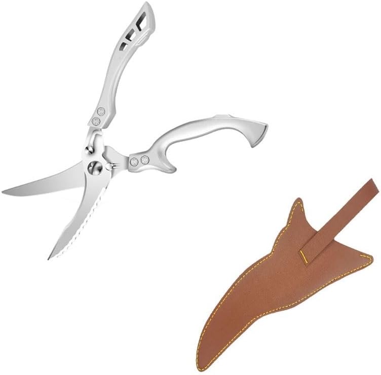 Kitchen Scissors, Multifunctional Kitchen Scissors Stainless Steel Powerful Chicken Bone Fruit Seafood Fish Scale Scissors Kitchen Accessories(Color:Scissors Brown Cover)