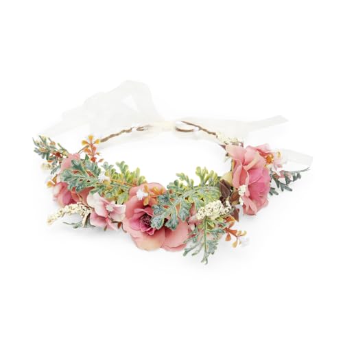 Image of Radhu & Kabby Dusty Pink Floral Hair Tiara for Women | Artificial Roses & Greenery with Ribbon Tie | Elegant Crown for Weddings, Photoshoots, Garden Parties & Festive Looks | 1 Pc