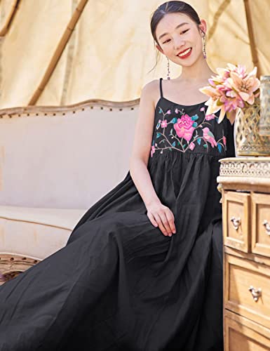 Yesno Summer Dresses For Women Casual Loose Bohemian Dress With Pockets Spaghetti Strap Maxi Dress With Floral Embroidered Decorated L E70 Black #TOP3