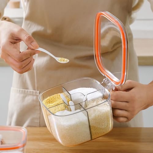 ADVOK4 Compartment Condiment Pots Set, Transparent Seasoning Box with Lids and Spoons, Convenient and Neat Storage Solution for Your Kitchen (Transparent Orange)