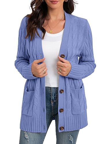 Image of GRECERELLE Women's Knit Long Cardigans Jumpers Cardigan with Pockets with Buttons Ladies Loose Long Sleeve Knitwear Oversized Sweater Cardigan for Autumn Winter Spring (Light Blue, L)