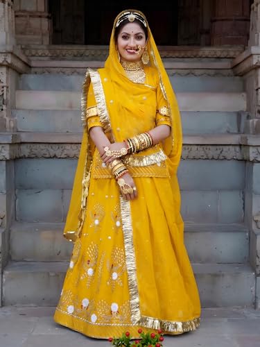 Image of Fancy Heavy Embroidery Work Shimmer Silk Semi-stitched Rajasthani Poshak Rajputi Lehenga Choli For Women