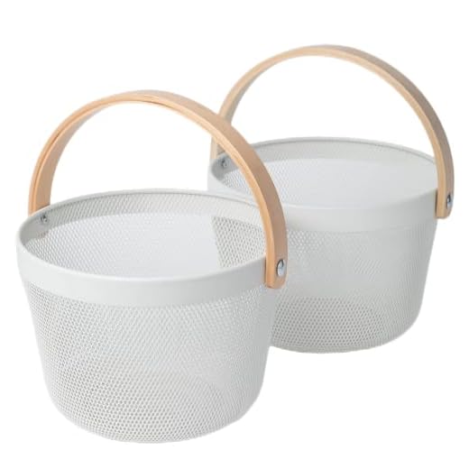 AGIEG 2 Pack Round Metal Steel Baskets Onion Storage Basket With Wooded handle Eggs Candy Basket for Easter,Multi-Functional Hanging Baskets,Fruit Basket Bin for Kitchen(White Round)