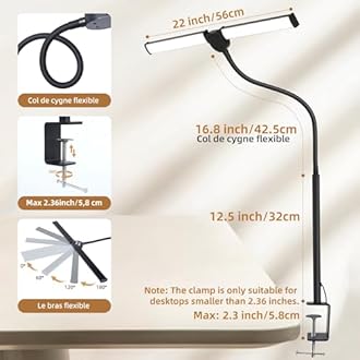 LED Desk Lamp for Home Office, Eye Care Architect Light with Clamp, Smart Dual Head Lamp for Desk Monitor Table Clip Lamp, Neck