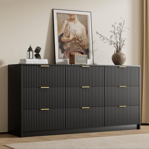 Image of Furniway Black 9 Drawer Dresser for Bedroom, 63 inch Wide Fluted Wood Dresser