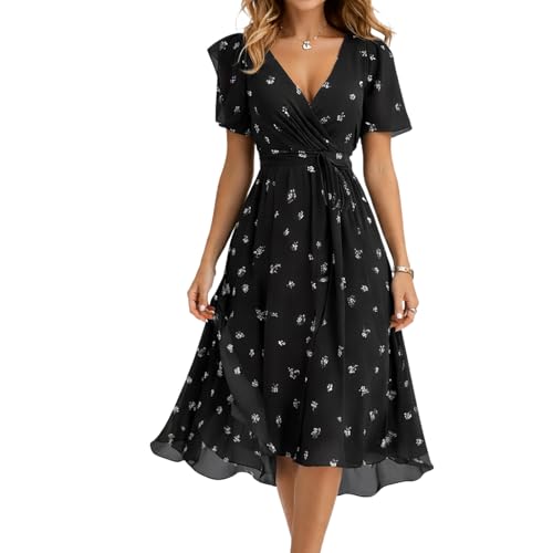BPJZIM Summer Dresses for Women 2026 Floral Chiffon Dress Black Short Sleeve Empire Waist Midi Dress Beach Vacation Outfits at Amazon Women's Clothing store