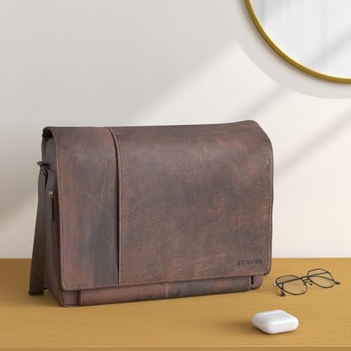 STILORD Elias Lederen Tas Mannen Messenger Bag Schoudertas Laptop tas 15,6 inch Aktetas Office Tas Buffel-Leer Kleur:cognac - donkerbruin