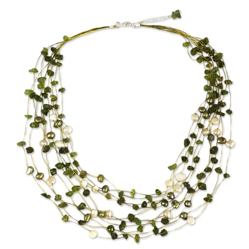 NOVICA Handmade Peridot Cultured Freshwater Pearl Strand Multigem Necklace Crafted Green White Beaded Thailand Birthstone [20.5 in min L x 22.5 in max L 35 mm W] 'Cool Shower'