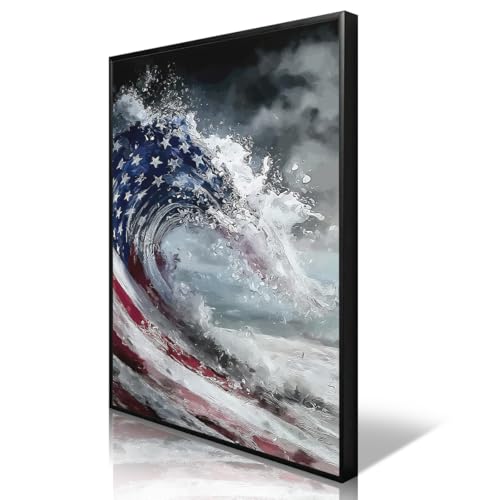 Image of American Flag Canvas Wall Art, 4th of July Patriotic Poster Print, USA Flag Ocean Waves Abstract Picture, Modern Independence Day Wall Decor for Bedroom Living Room 24x36in Unframed