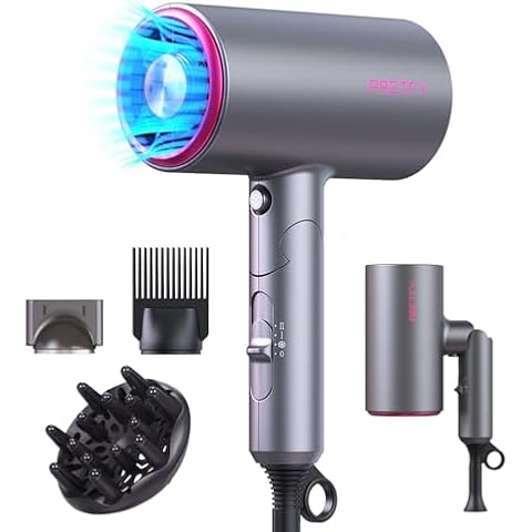 PRETFY Portable Hair Dryer, 1875W Professional Ionic Hair Blow Dryer with Diffuser, Lightweight Design, Fast Drying, Low Noise, Foldable Small Hair Dryer for Home, Travel, Salon (Gray) Cover