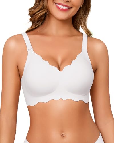 Guhaha Seamless Bras Women Wireless Comfort Push Up T-Shirt Bra Full Coverage V-Neck Bralette Soft Everyday Wear White