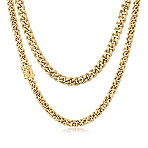 6mm 8mm Miami Cuban Link Chain for Men Women 14K Real Gold Plated 316L Stainless Steel Thick Necklace Choker Hypoallergenic Hip Hop Jewelry with Gift Box