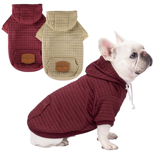 2 Pack Dog Hoodie Sweaters for Small Medium Dogs Warm Dog Clothes for Large Dogs Soft Waffle-Like Laminated Sweatshirt Bulldog (Brown+Wine Red