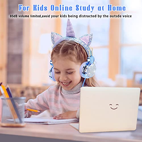 Image of Unicorn Kids Headphones for Girls Children Teens, Wired Headphones w /Microphone 3.5mm Jack, Over On Ear Headset for School Birthday Xmas Unicorn Gift (Fairy Blue)