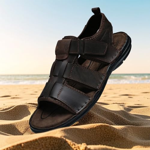 Image of ArcBrothers Men's Premium Leather Sandals - Classic Roman Style Open Toe Sandals - Cushioned Heel, Non-Slip & Sturdy Support
